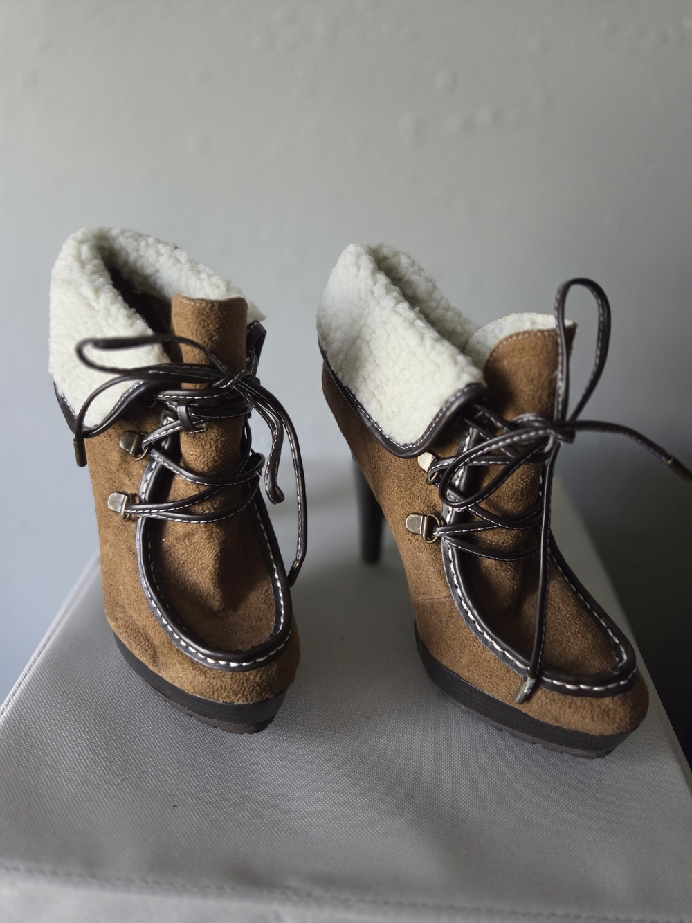 Women's Tan Suede Shearling-Trim High-Heel Lace-Up Boots